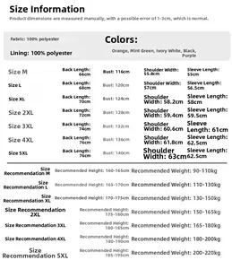 Size chart for water-repellent oxford jacket with measurements from M to 5XL