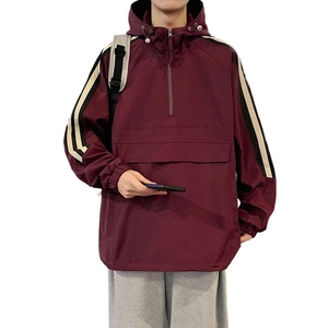 Men's casual burgundy anorak jacket with hood and vintage side stripes for spring