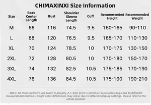 Detailed size chart for men's loose workwear jacket showing measurements from M to 4XL