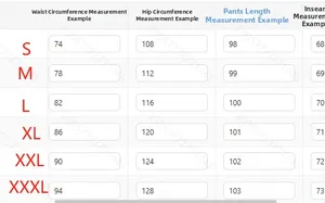 Size chart showing S to XXXL waist and hip measurements for men's fleece sweatpants