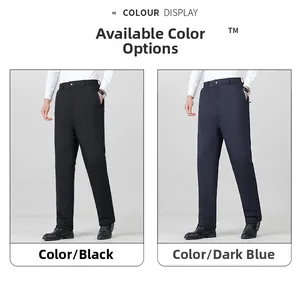 Detail view of winter thermal men's casual trousers in classic black and navy blue colors