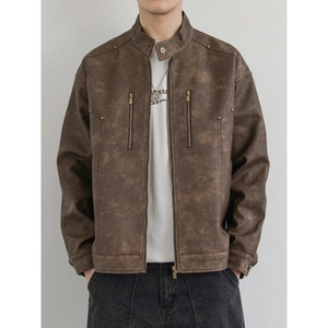 Giacca in ecopelle marrone retrò da uomo, stile biker vintage con vestibilità comoda