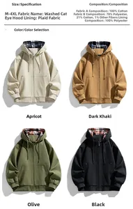 Detailed view of casual hooded jacket showing interior plaid lining and durable fabric texture