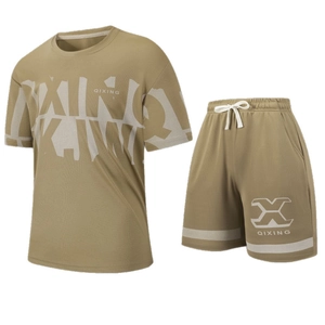 Men's olive casual sports set with mesh texture t-shirt and drawstring shorts