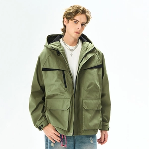 Men's army green water-resistant functional hooded cargo jacket with multi-pocket design