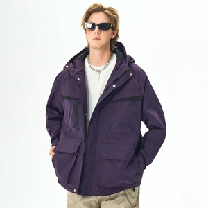 Loose purple hooded work jacket with functional multi-pockets and water-repellent fabric