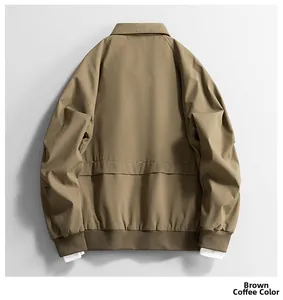 Back view of a casual brown jacket featuring a turndown collar and ribbed hem details