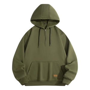 Men's Half Zip Hoodie Solid Color Polyester Fleece Hooded Sweatshirt With Kangaroo Pocket Casual Long Sleeve Pullover Tops