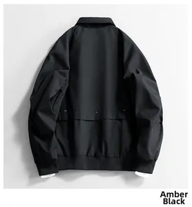 Detail view of the back of this amber black casual jacket featuring a classic collar design