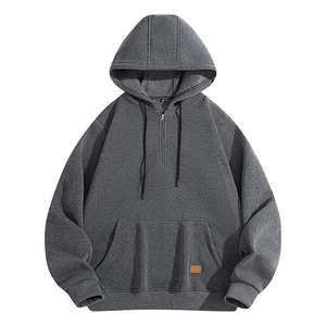 Men's dark grey heavy fleece hoodie with half-zipper and kangaroo pocket on white background
