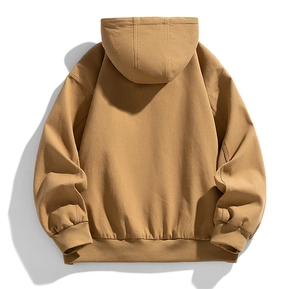 Back view of brown hooded workwear jacket with ribbed cuffs and hem on white background