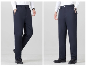 Detail view of navy thermal pants showing elastic waistband and side zipper pocket