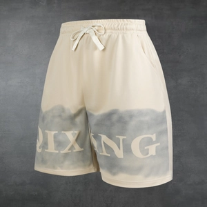 Men's mesh athletic shorts in beige with RIXANG graphic print and elastic drawstring