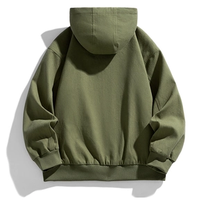 Rear view of olive green hooded jacket with ribbed cuffs and hem for high quality men's style