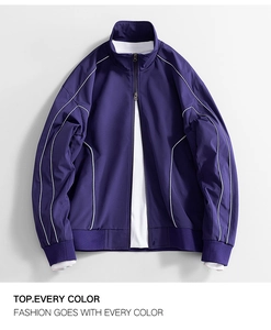 Detail of deep purple oxford jacket with stand collar and white piping accents