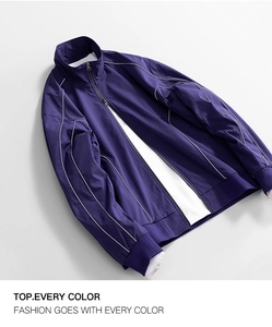 Detail of water-resistant oxford jacket showing dark purple fabric and white piping accents