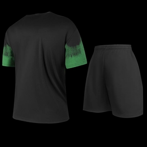 Back view of a black sports set with green tie-dye sleeve patterns and breathable fabric