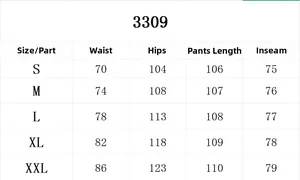 Size chart for men's camo cargo pants with waist, hip, and length measurements in cm