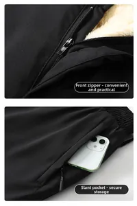 Detail of warm fleece lining, functional metal zipper fly, and secure side zip pockets