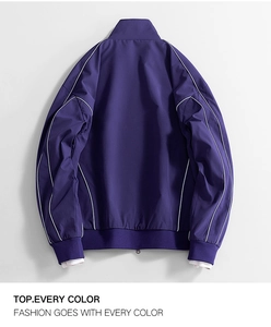 Back view of a purple hooded oxford jacket featuring contrast white piping and ribbed cuffs