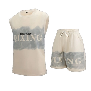 Set sportivo da uomo 2 pezzi con canotta stampata e pantaloncini con coulisse in beige