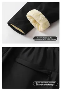 Detail view of thick winter pants with plush fleece lining and secure zippered back pocket