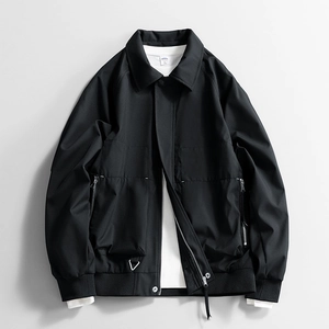 Men Loose Workwear Jacket Polyester Turn Down Collar Windproof Casual Outerwear For Spring Autumn Solid Color Trendy Coat