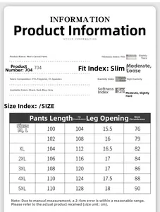 Size chart for men's ice silk trousers detailing length, waist, and fabric composition