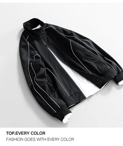 Detail of water-repellent Oxford jacket featuring ribbed cuffs and white striped accents