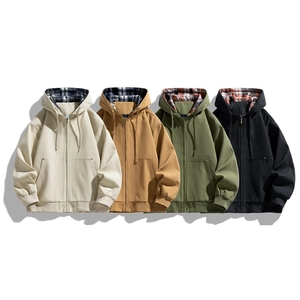 Men Hooded Cargo Jacket 100% Cotton Plaid Lined Full Zipper Casual Workwear Outerwear With Ribbed Cuffs For Autumn Spring