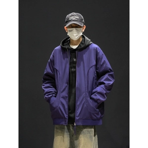 Water-repellent men's purple baseball collar jacket with a layered hooded streetwear style