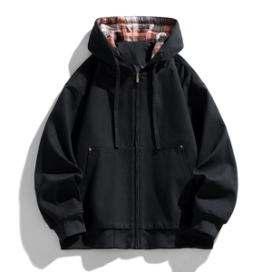 Men's black hooded jacket with classic orange plaid lining and rib-knit cuffs