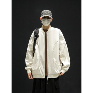 Mens ivory white baseball collar jacket with water-resistant fabric and loose fit design