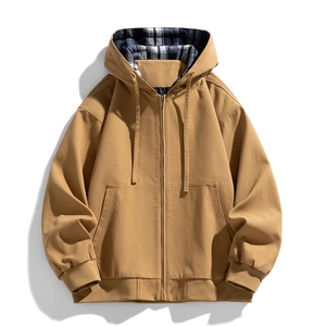 Men's khaki hooded jacket with classic tartan lining and full zipper closure in flat lay view