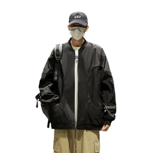 Water-resistant black baseball collar jacket for men in trendy Japanese streetwear style
