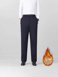 Men's winter navy business casual trousers with thick warm fleece lining and straight fit