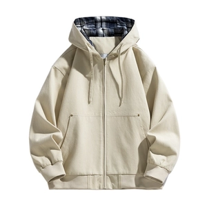 Off-white hooded jacket for men with blue plaid lining and high-quality heavy fabric