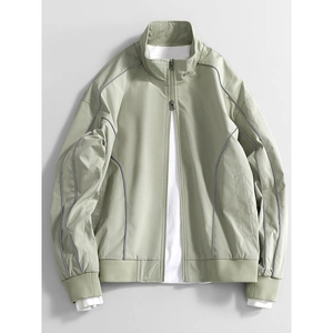 Men Stand Collar Windproof Casual Jacket Solid Color Reflective Trim Outerwear Sports Zipper Long Sleeve Ribbed Cuff Coat For Daily