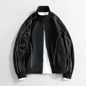 Men's black hooded T400 oxford water-repellent jacket with white piping details