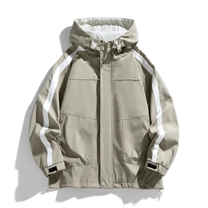 Herren-Freizeitjacke mit Kapuze, Kontraststreifen, winddicht und wasserabweisend in Khaki
