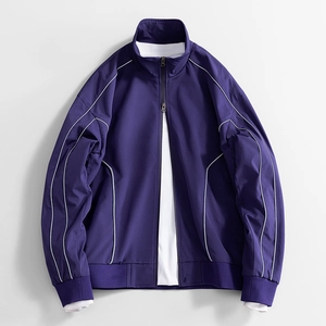 Waterproof purple Oxford jacket with hood, white piping details and athletic ribbed cuffs