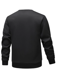 Rear view of heavy black fleece sweatshirt for men showing ribbed hem and sleeve cuffs
