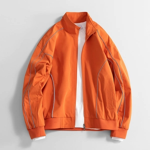 Water-resistant orange oxford stripe jacket with hood and reflective piping detail