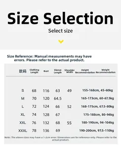 Size guide for men's corduroy jacket with length, chest, and shoulder measurements