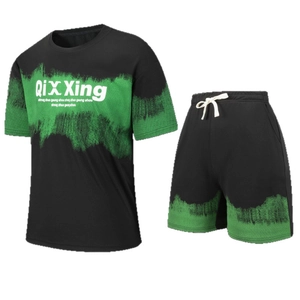 Men Sportswear Set Polyester Breathable Summer Casual American Style Letter Print Short Sleeve T-Shirt And Shorts Suit