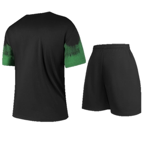 Men's loose black short-sleeve sports set with green tie-dye sleeves and drawstring shorts