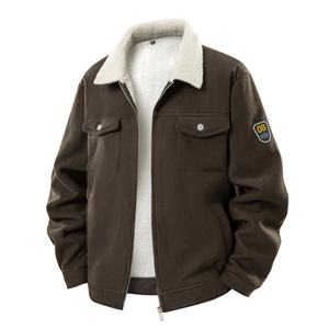 Detailed view of dark brown corduroy jacket featuring plush sherpa lining and chest pockets