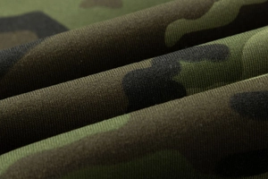 Detailed macro view of camo cargo pants fabric texture with classic forest pattern colors