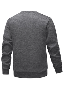 Rear view of dark grey lamb wool sweatshirt with round neck and sleeve patch details