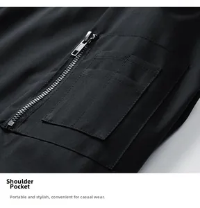 Detailed macro view of the bomber jacket sleeve featuring a metal zipper and utility pocket